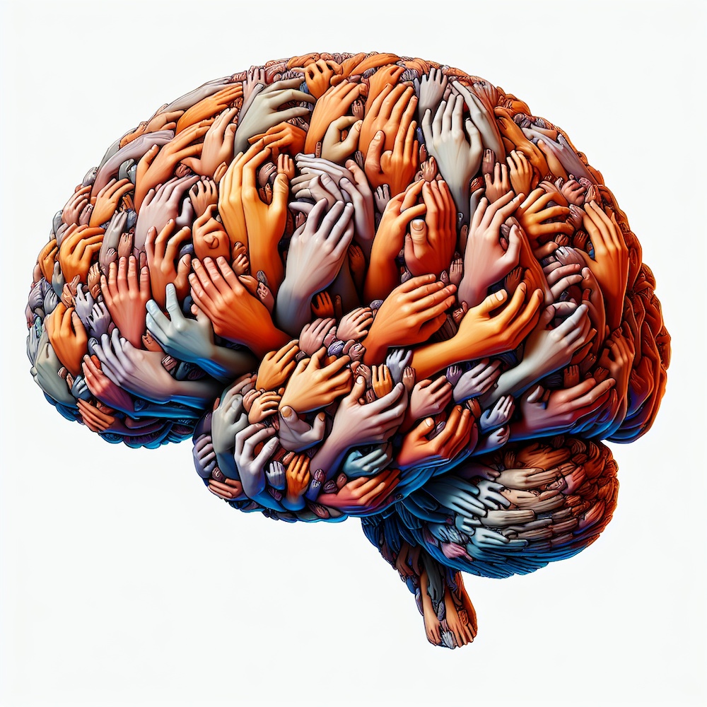 Cartoon Artistic Image Of Brain Made Of Hands. Copy