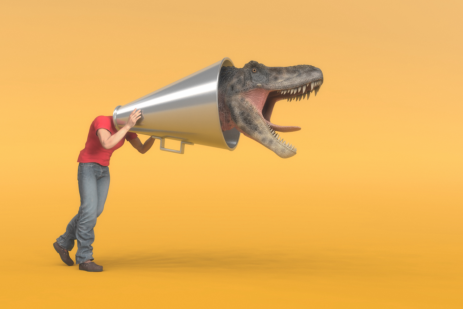 Man Puts His Head Into A Megaphone And At The End It Comes Out A Dinosaur Head Screaming. This Is A 3d Render Illustration By Orla Copy